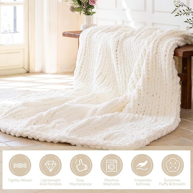 Chunky Knit Blanket - Luxury Soft Cozy 50 * 60 Throw Blanket,100% Woven Blanket Rope Knot Throw Blanket for Couch, Sofa, Home Decor, Gift - Machine Washable (Ivory White, 50 * 60)