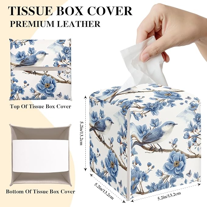 Vintage Floral and Bird Tissue Box Cover, Blue Tissue Holder Square with Bottom Belt for Home Bathroom Office Vanity Countertop, Housewarming Gifts Ideas for Women Friends Mom Bestie -07