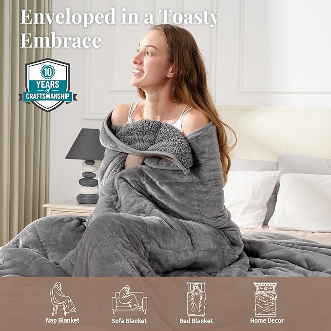 Topblan Sherpa Fleece Weighted Blanket for Adult, 20 lbs Dual Sided Cozy Fluffy Heavy Blanket, Ultra Fuzzy Throw Blanket with Soft Plush Flannel Top, 60 x 80 inches