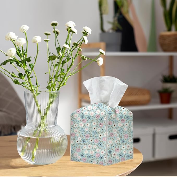 Tissue Box Cover, Tissue Box Holder, Square with Belt Bottom, PU Leather Decorative Organizer for Desk, Tabletop, Countertop Bathroom, Toilet Car, Office, Dresser Bedroom, Aesthetic Flower Decor