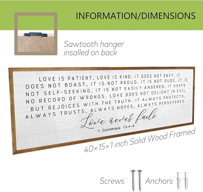 TQianJiang Christian Wall Art 1 Corinthians 13:4-8 Bible Verse Wall Art Love is Patient Kind Sign 40"×15" Inspirational Quote for Couple Bedroom Above Bed Wood Framed Wall Hanging (Wood)