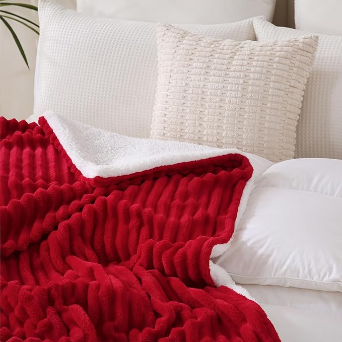 Red Sherpa Fleece Throw Blanket 60”×80” for Couch Sofa Bed,Double Side Soft Fuzzy Cozy Plush Thick Flannel Blanket with Striped Design,Gift for Adults,Woman,Girls