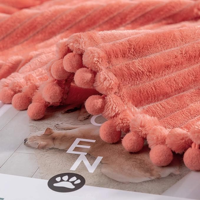 DISSA Fleece Blanket Queen Size – 71x80, Coral - Soft, Plush, Fluffy, Fuzzy, Warm, Cozy – Perfect Throw for Couch, Bed, Sofa - with Pompom Fringe - Flannel Blanket