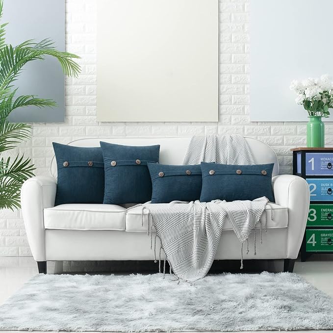 HWY 50 Blue Chenille Throw Pillow Covers 12x20 Inch with Triple Buttons, Soft Farmhouse Accent Decorative Cushion Cases for Couch Sofa Living Room Pack of 2 Rectangle