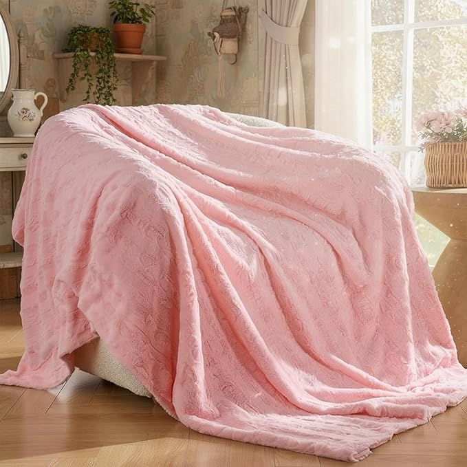 Krifey Faux Fur Throw Blanket for Couch, 3D Marble Texture Soft Throws, Cozy Fuzzy Plush Thick Warm Blanket, Faux Rabbit Fleece, Christmas Birthday Gifts for her Girls Women Mom, Cute Pink, 50x60in