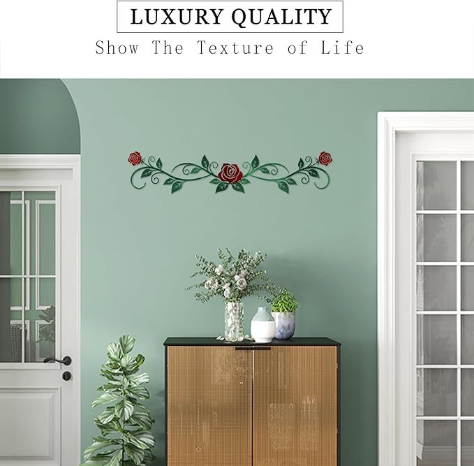 AHYS Metal Flowers Wall Decor Rustic Flat Rose Vine Wall Art for Farmhouse Home Living Room Bedroom for Above Door /Bed /Windows Decor (Green & Red) - 29x6.3 Inches