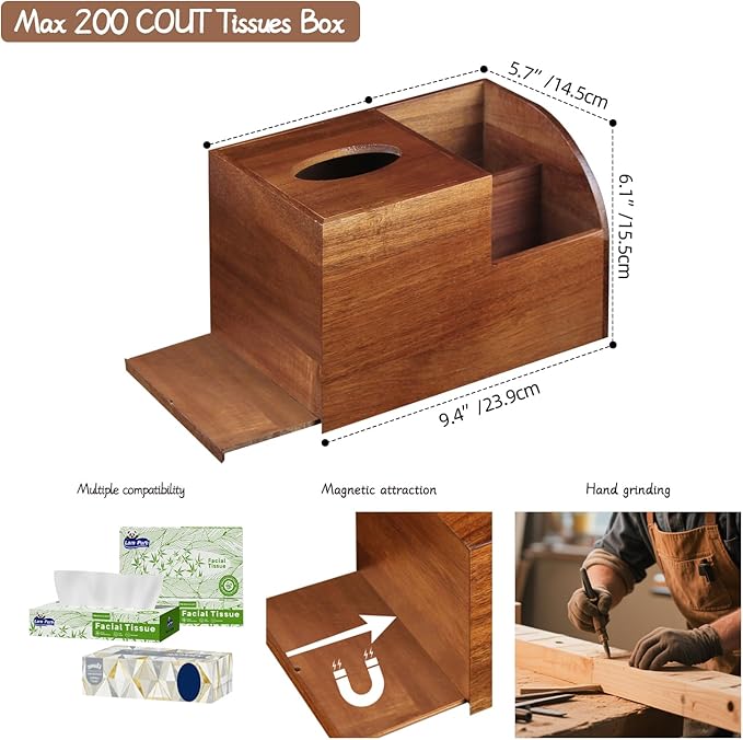 Wood Tissue Box Cover Square wiht Storage, Acacia Tissues Box Holder, Decorative Cube Tissues Box Organizer with Remote Control Holder for Bathroom, Nightstand, Modern Farmhouse Decor