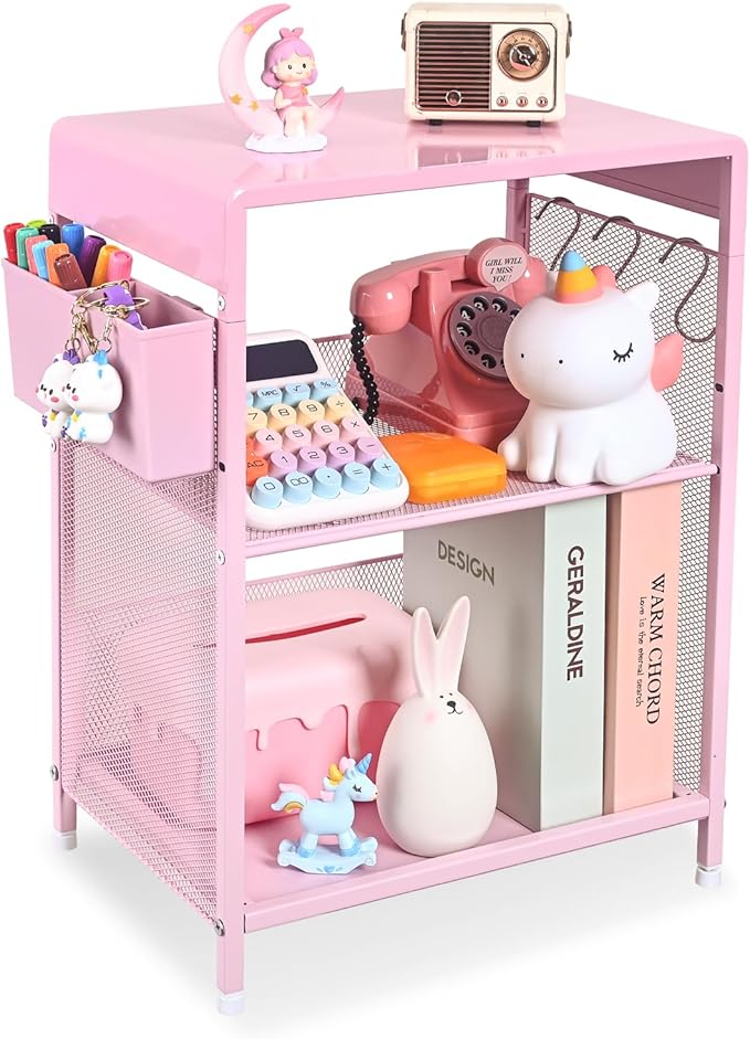 Pink Small Nightstand, Kids Nightstand for Bedroom, End Table with Hooks and Holder, Toddler Bedside Table for Girls, Desk Organizer for Office, Dorm (Pink)