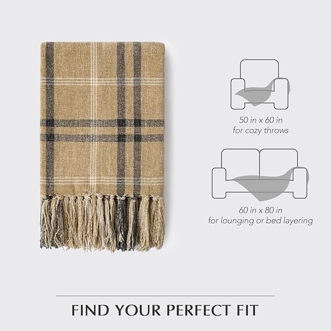 EverGrace Plaid Chenille Throw Blanket for Couch, Super Soft Cozy Decorative Farmhouse Plaid Throw with Tassels, Lightweight Chenille Knit Throw for Bed Sofa Gift Home Decor, Khaki Grey 50”x60”