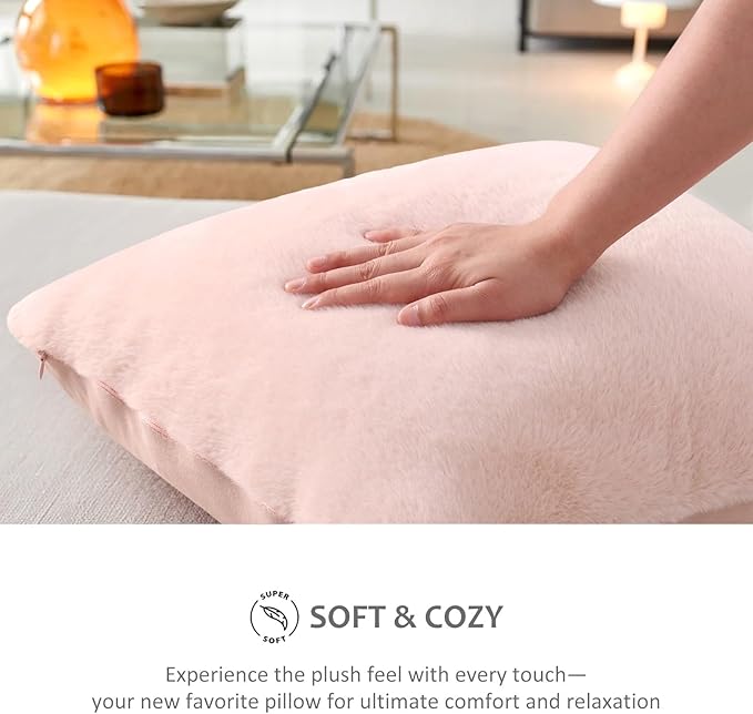 Pallene Faux Fur Plush Throw Pillow Covers 18x18 Set of 2, Luxury Soft Fluffy Cozy Decorative Pillow Covers for Sofa, Couch, Living Room, Blush Pink