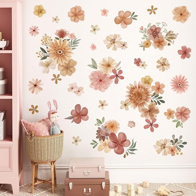 decalmile Boho Daisy Flower Wall Decals Bohemian Retro Watercolor Floral Wall Stickers Baby Nursery Girls Bedroom Living Room Wall Decor