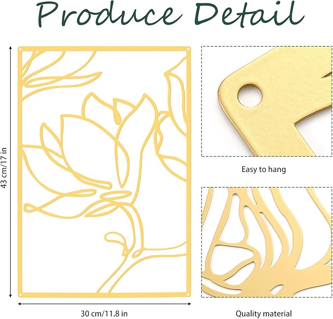 Taiyin 3 Panels Metal Flowers Wall Decor Modern Abstract Nature Floral Line Wall Sculpture Minimalist Decor Metal Home Hanging Wall Art for Home Bedroom Above Bed Wall Decor, 11.8 x 17 Inch (Gold)