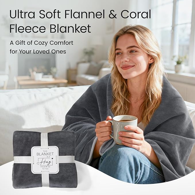 LOOBANI Waterproof Blanket for Bed: Reversible Leakproof King Size Bed Blankets 85" x 108", Soft Flannel & Coral Fleece Bed Blanket Water Resistant for Couch Sofa Cover, Travel, Movie Time, Grey