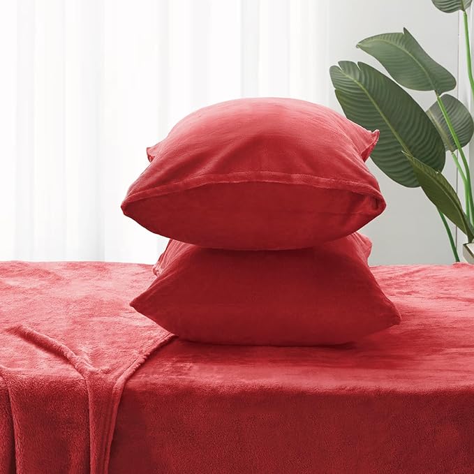 BEDELITE Flannel Sheets Twin Size Red - Super Soft Fleece Sheets Set Fluffy Extra Plush, 3 Piece(Include Fitted Sheet, Flat Sheet, 1 Pillowcase)