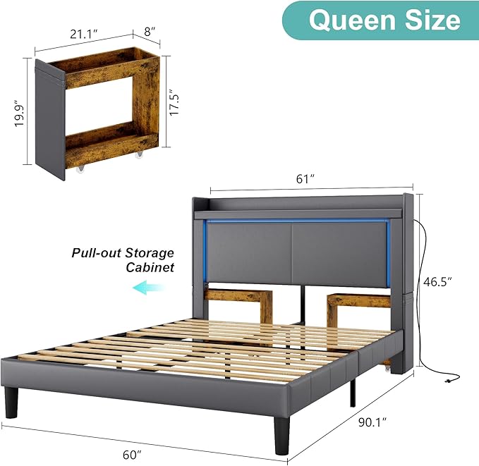 Queen Bed Frame with Headboard and Wheeled Nightstand, PU Leather Upholstered Platform Bed with LED&Charging Station for Bedroom, No Box Spring Needed, Noise Free, Suit for Couple/Single, Grey