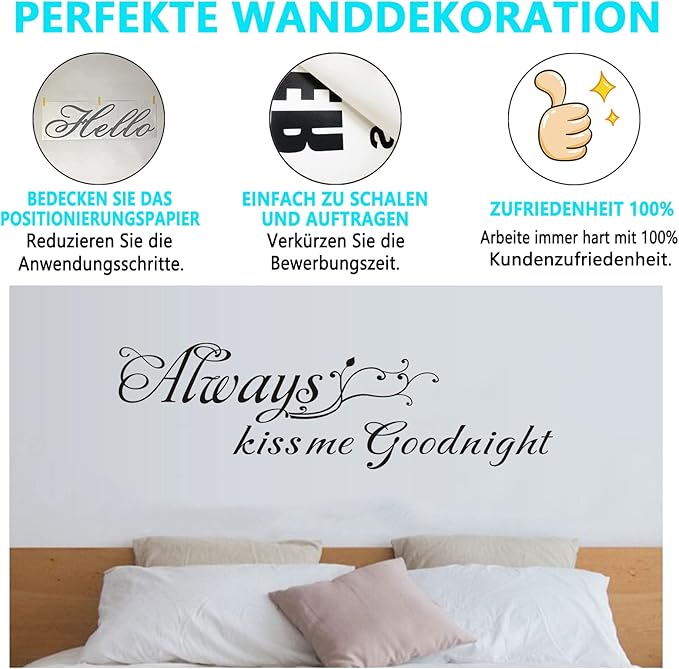 AnFigure Couples Quotes Wall Decals: Inspirational Vinyl Art Love Wall Stickers for Home Bedroom Bathroom Living Room - Always Kiss Me Goodnight 55"X16"