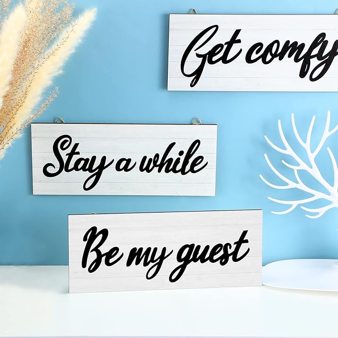 Maitys 3 Pcs Guest Room Decor, Get Comfy Wall Sign Stay a While Bedroom Wall Sign Rustic Wood Word Guestroom Art Decor for Home, Living Room