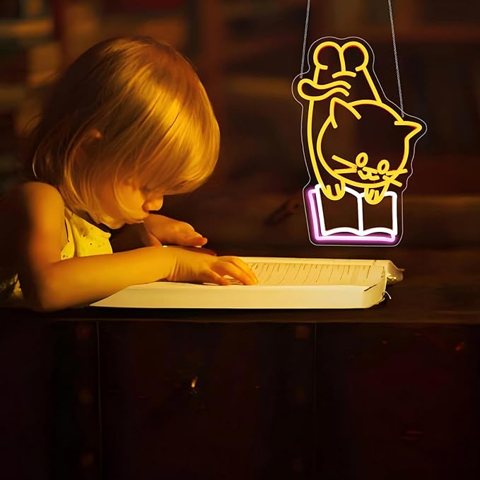 Neon Sign - HSJNJKFU Cat Neon Signs for Wall Decor Cat Reading Book Led Light Up Sign for Bedroom Room Birthday Party Home Decor