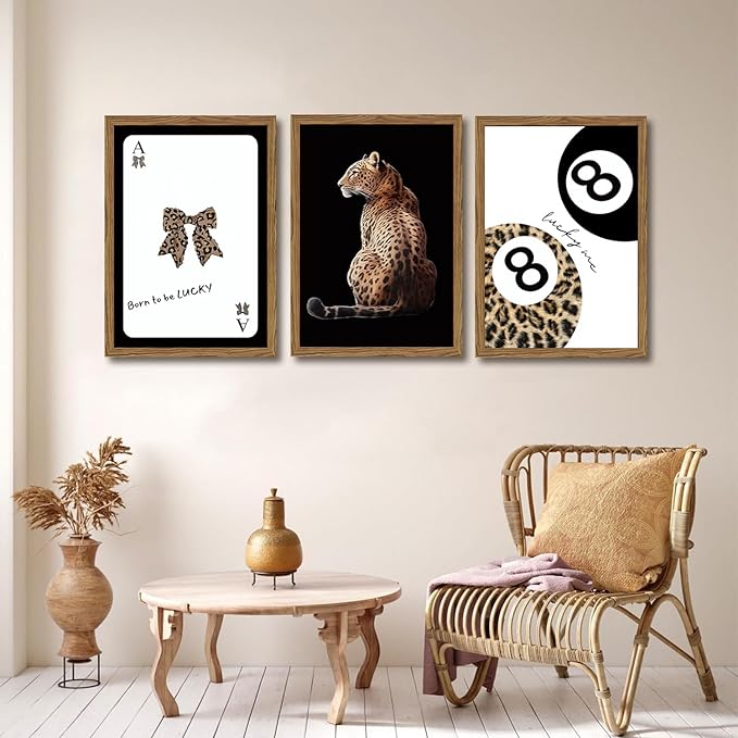 Trendy Cheetah Wall Art Set of 3 Black and White Leopard Bow Wall Decor Painting Lucky 8 Ball Poster Canavs Print Aesthetic for Bedroom Living Room 16x24 inch Wood Framed