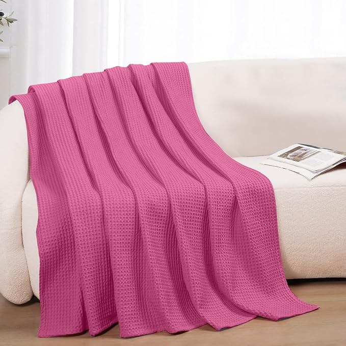 100% Cotton Blankets for Bed - Waffle Weave Blankets for Summer, Lightweight and Breathable Soft Woven Blanket for Spring (Pink, Queen (90" x 90"))