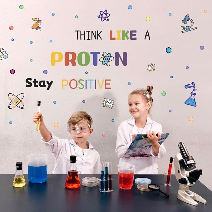 HLNIUC Large School Wall Decal(35”x12”),Colorful Chemistry Classroom Stickers,Chemical Proton Laboratory Wall Decor,Inspirational Quotes Room Sticker,Stay Positive Science Art Decal for Kids Room Lab