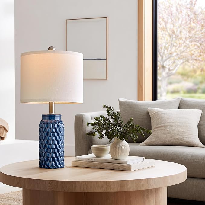 20.5" Small Bedside Lamps Set of 2 with 5FT Cord, Blue Ceramic Modern Farmhouse Table Lamps for Nightstand, Living Room, Bedroom, 3D Honeycomb Stylish End Table Lamps(Bulb Not Included)