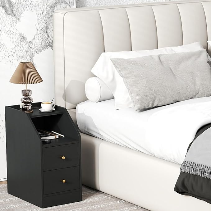 KOMFOTT Side Table with Charging Station, End Table with Storage Drawers, Sofa Couch Table for Small Space, Modern Narrow Nightstand for Bedroom (Black,1)