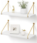 Afuly Floating Shelves for Wall, Metallic Gold White Wall Mounted Shelves, Shelves for Bathroom Kitchen Bedroom Solid Wood Metal Chic Bookshelf, Set of 2