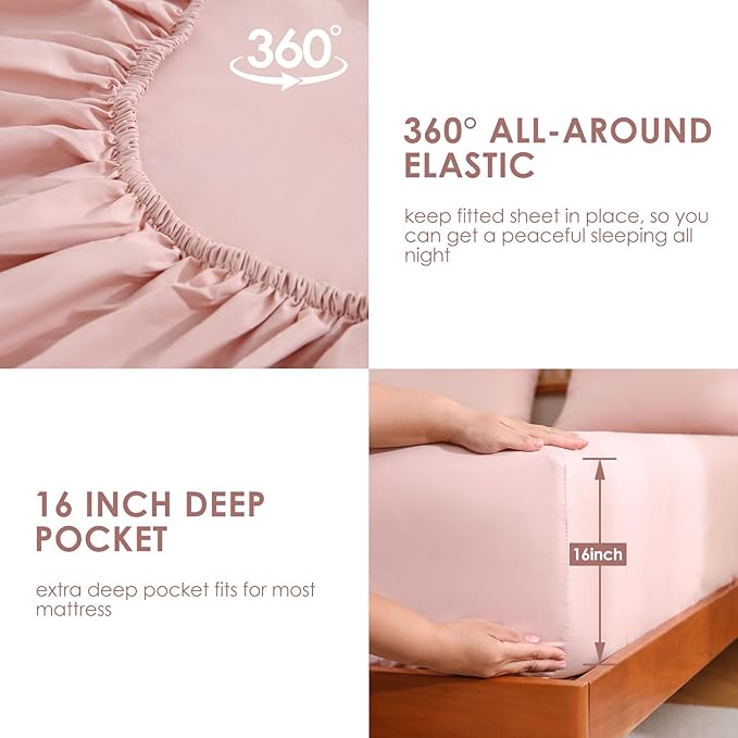 JSD Dusty Pink King Sheet Set with Side Pocket Corner Straps, 4 Piece Soft Microfiber Bed Sheets Extra Deep Pocket