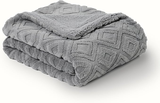 EverGrace Jacquard Boho Sherpa Fleece Throw Blanket for Couch, Super Soft Cozy Fuzzy Plush Blankets for Winter, Reversible Thick Warm Blanket for Bed, Sofa, Living Room, Grey, 60" x 80"