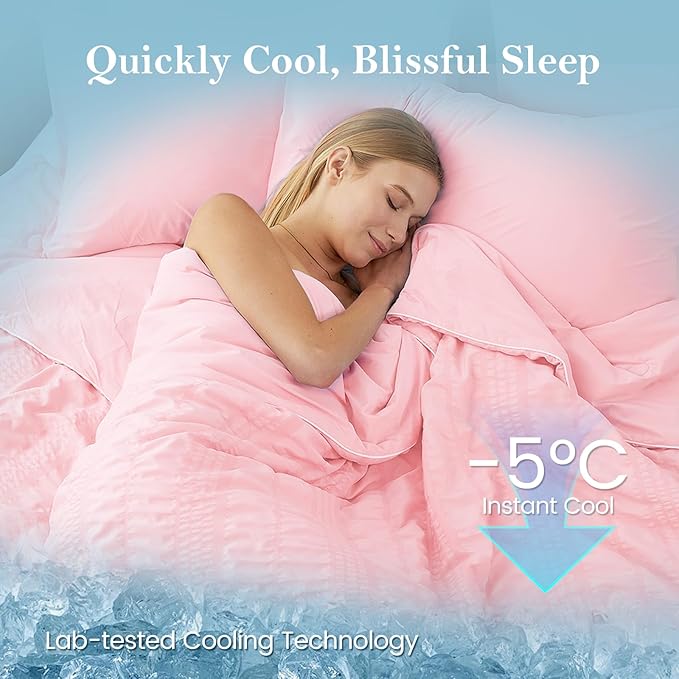 Cozy Bliss Seersucker Cooling Comforter Twin Size, Q-Max 0.45 Reversible Lightweight Cooling Blanket, Breathable Silk Smooth Summer Bedding Quilt for Hot Sleepers Night Sweats Pink