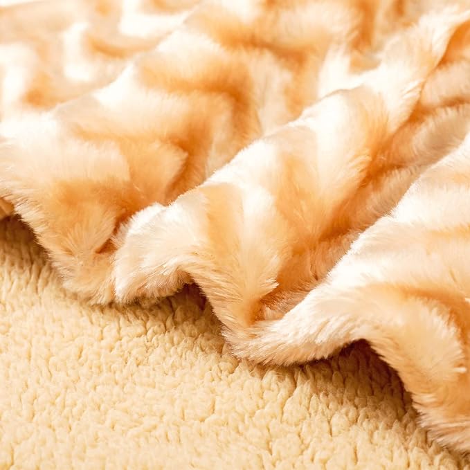 Whale Flotilla Faux Fur Sherpa Throw Blanket for Couch Sofa, Cozy Reversible Fuzzy Fluffy Plush Throws for All Season, Warm and Soft, 50x60 Inch, Light Gold
