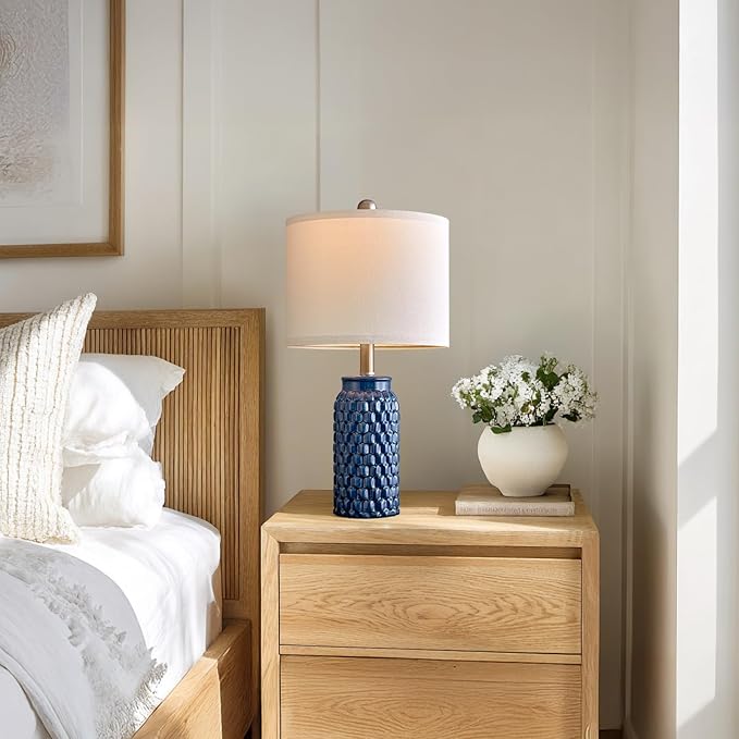 20.5" Small Bedside Lamps Set of 2 with 5FT Cord, Blue Ceramic Modern Farmhouse Table Lamps for Nightstand, Living Room, Bedroom, 3D Honeycomb Stylish End Table Lamps(Bulb Not Included)