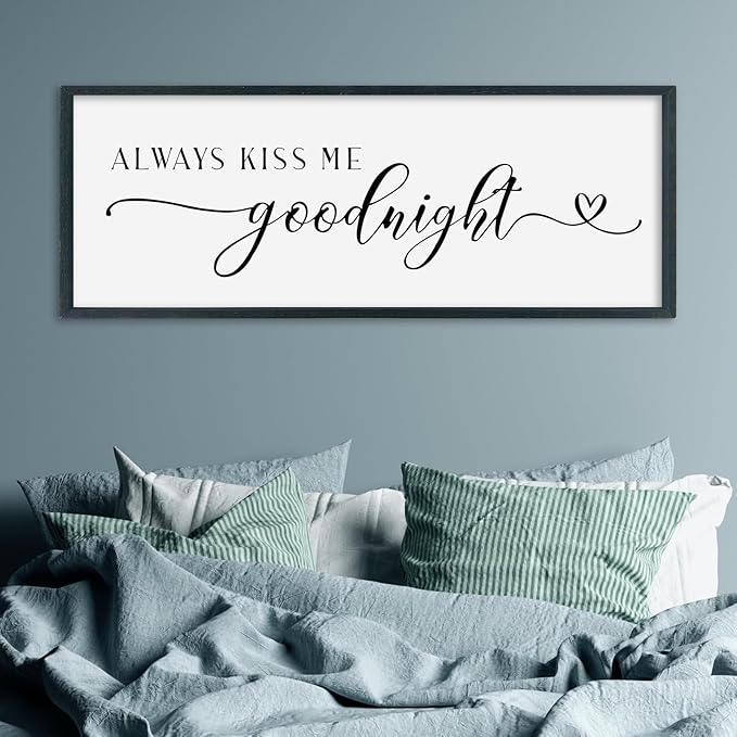 SRSZHIYUE Romantic Always Kiss Me Goodnight Sign Wall Decor 40"×15" for Love Theme Master Bedroom Above Bed Simple Modern Farmhouse Large Wood Framed Wall Horizontal Art Hanging (Black)