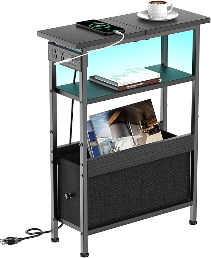 Narrow Side Table with Charging Station and LED Light, Small End Table with 1 Fabric Drawer, Skinny Nightstand with USB Ports & Type-C, Slim Side Table for Bedroom, Living Room, Black