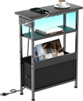 Narrow Side Table with Charging Station and LED Light, Small End Table with 1 Fabric Drawer, Skinny Nightstand with USB Ports & Type-C, Slim Side Table for Bedroom, Living Room, Black