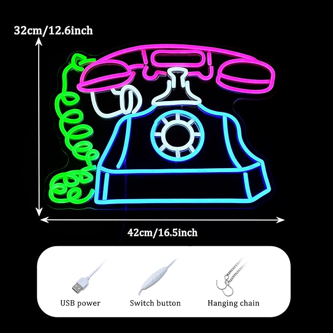 Telephone Neon Sign Retro Phone Light Up Sign Dimmable Landline Neon Light Colorful Phone LED Sign for Bedroom Office Bar Shopping Center School