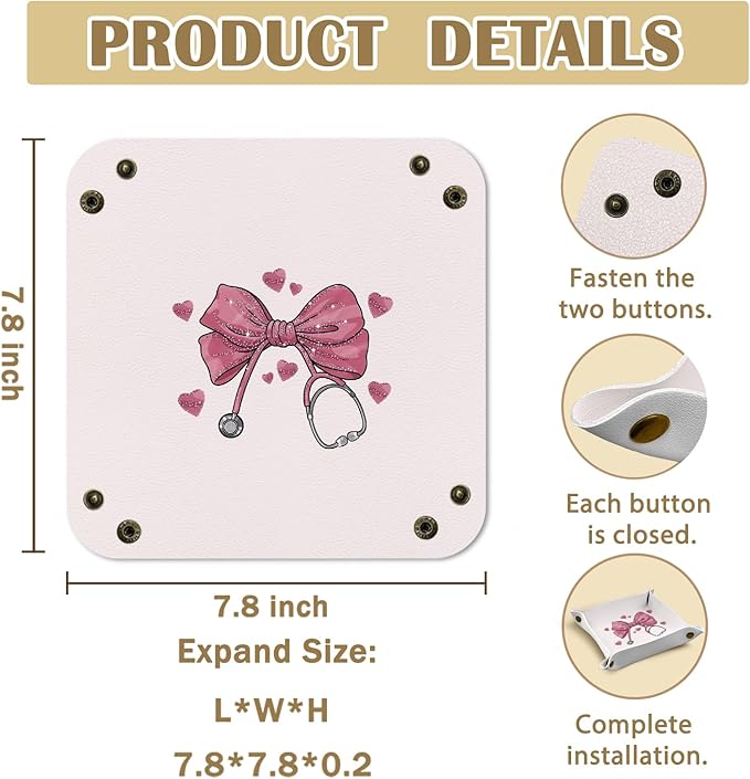 Nurse Gift Appreciation, Pink Bow Nursing Gifts for Student or Practitioner PU Leather Catchall Tray,for Nurse Week or Day, Jewelry, Keys, Watch, and Accessories Organizer 7.87x7.87in