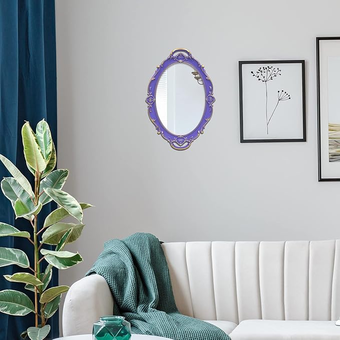 Vintage Small Mirror 14.5 x 10 Inch Oval Purple Wall Mirror
