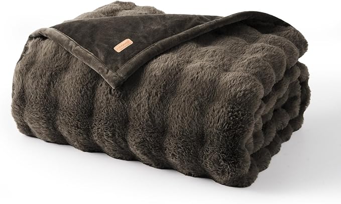 EverGrace Ultra Soft Luxury Fluffy Faux Rabbit Fur Throw Blanket, Thick Warm Bubble Throw for Bed, Cozy Plush Reversible Blankets for Couch, Chair, Sofa, Dark Taupe, 50x60 Inches