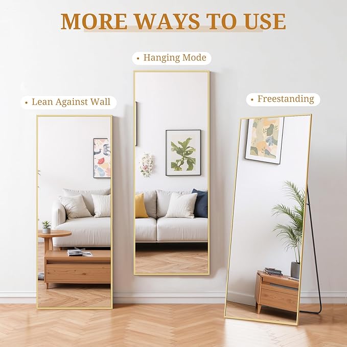 Full Length Mirror 56"x21" Full Body Mirror Rectangle Free Standing Wall Mounted Leaning Floor Mirrors with Stand Aluminum Alloy Frame for Bedroom Cloakroom, Gold