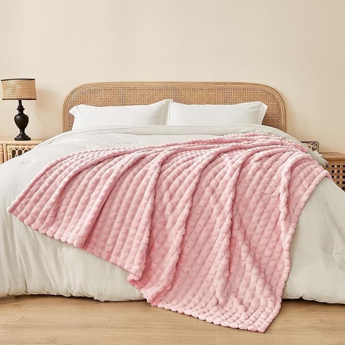 FY FIBER HOUSE Bed Blanket for Couch Soft Warm Fuzzy Queen Size Blankets for Sofa All Season Use, 90x90 Inches, Pink