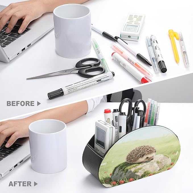 Cute Hedgehog Remote Control Holder Organizer Box with 5 Compartment PU Leather Bedside Storage Caddy Remote Organizer for Controller Media Player Pen/Pencil Storage