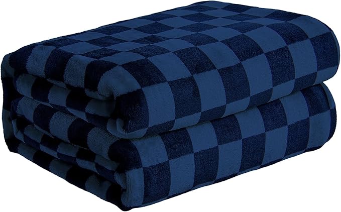 FY FIBER HOUSE Navy Throw Blanket Checkered Bedding Soft Cozy Checkerboard Grid Print Blankets for Bed Couch Sofa, 50"x60"