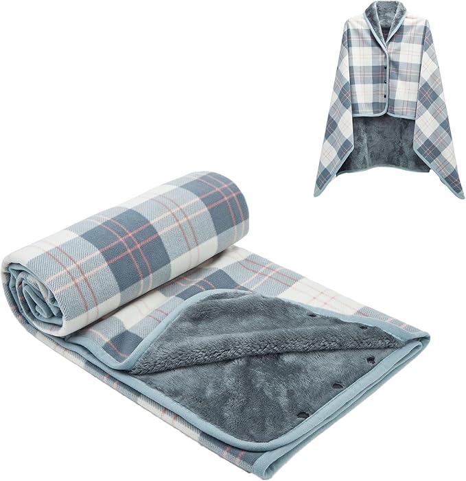forestfish Fleece Wearable Blanket, Plaid Lap Blanket Comfy Poncho Throw with Buttons for Bed Sofa Office