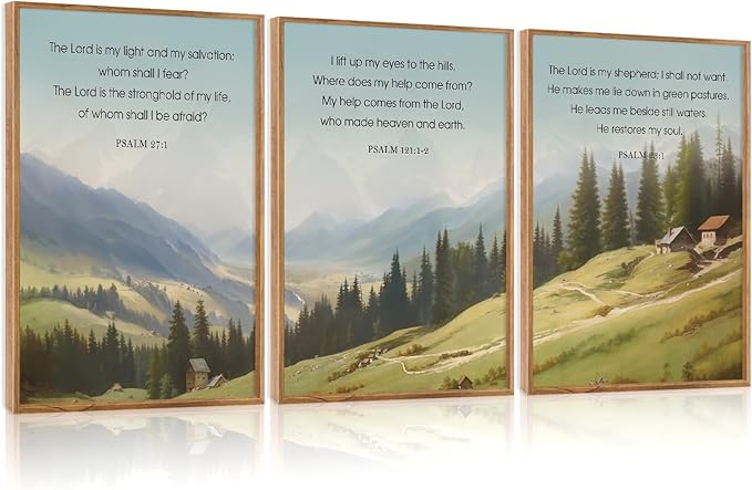 CHDITB Spiritual Scripture Framed Canvas Wall Art, Neutral Bible Verse Psalm Wall Decor, Forest Mountain Wall Painting, vintage Faith Based Uplifting Prints for Home Church Prayer Room Decor 12”x16”x3