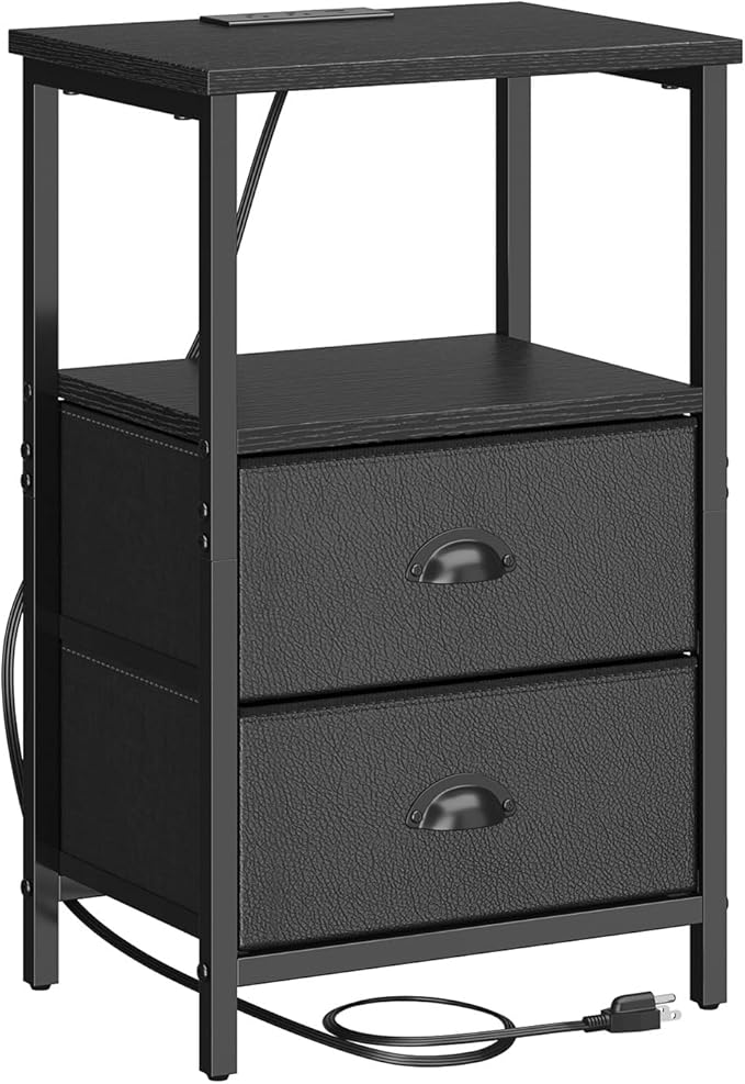 Nightstand with Charging Station, LED Night Stand Set 2, Bedside Table End Table Set of 2, Bedroom Table with 2 Fabric Drawers PU Finish, 3-Tier Storage Side Table for Bedroom,Black