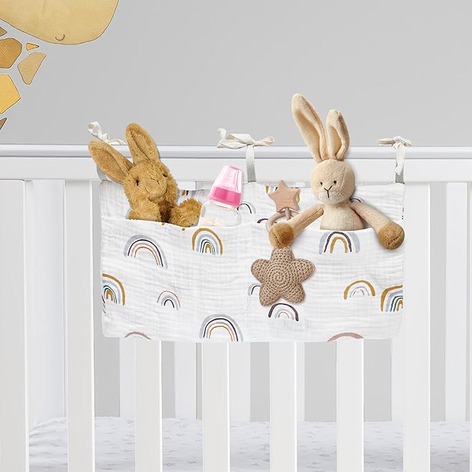 Crib Hanging Storage Organizer Bag, Baby Bedside Cribs Pocket, Cotton Material, Multifunctional Caddy Bags for Organizing Drool Bibs Diaper Bed-Bunk Nappy Milk Bottle Dormitory (Rainbow White)
