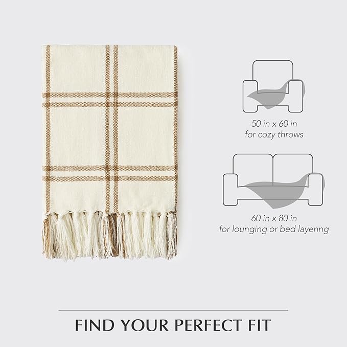 EverGrace Plaid Chenille Throw Blanket for Couch, Super Soft Cozy Decorative Windowpane Grid Plaid Throw with Tassels, Lightweight Chenille Knit Throw for Bed Sofa Gift, Cream & Beige 60"x80"