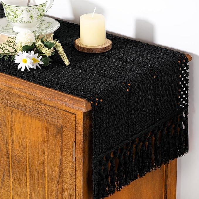 Socomi Boho Table Runner Easter Spring Farmhouse Rustic Dining Kitchen Centerpiece Decor Small Macrame Woven Cotton Linen Coffee Table Runner for Dresser Scarf Home Decor 12x48 inch Black